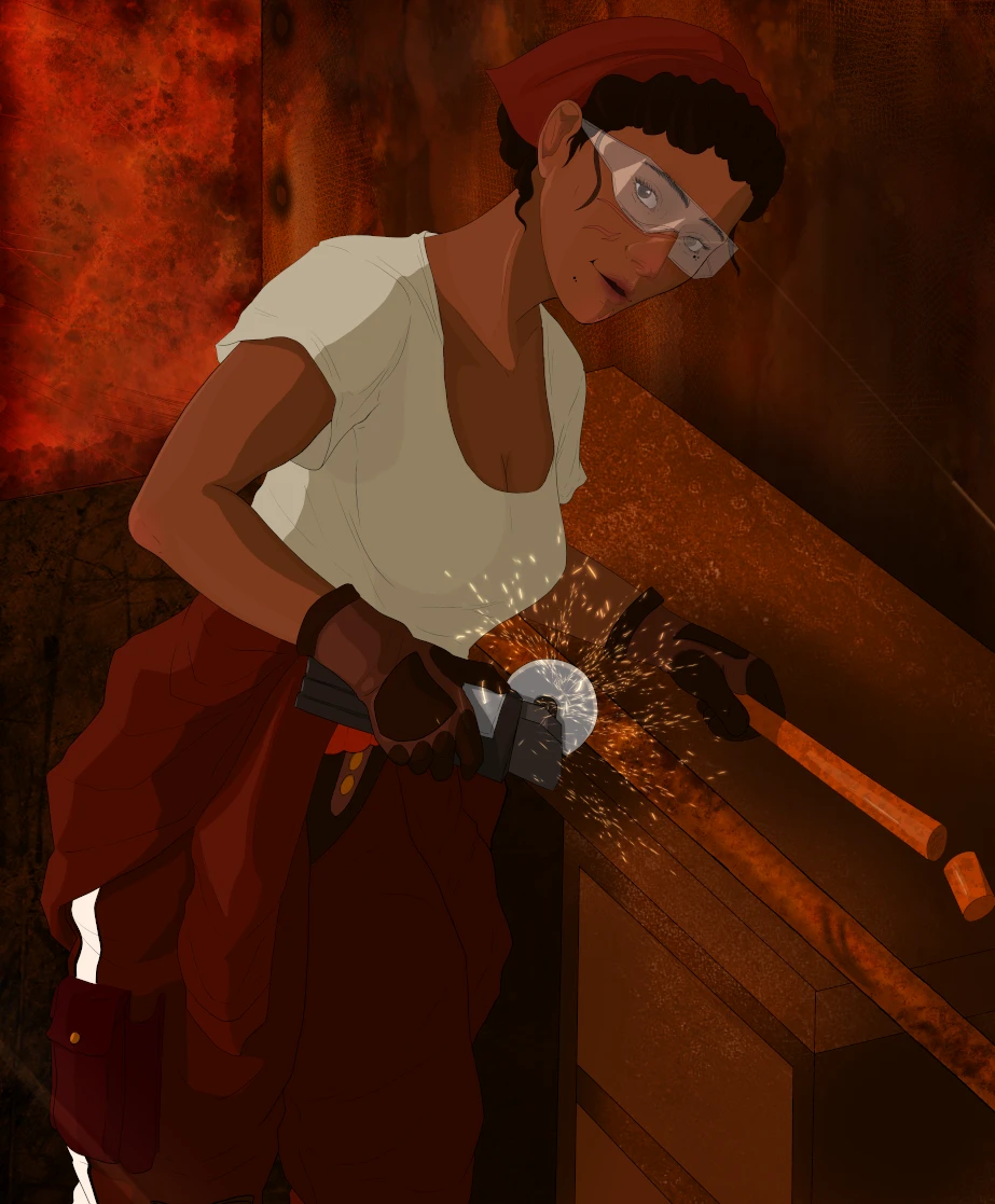 Katherine "Sully" Sullivan, seasoned engineer of Emer's Pride, using a hand grinder to cut through a length of rusty pipe.